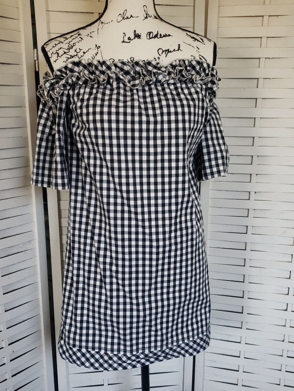 Vineyard Vines Off-Shoulder Gingham Dress - Black & White XXS